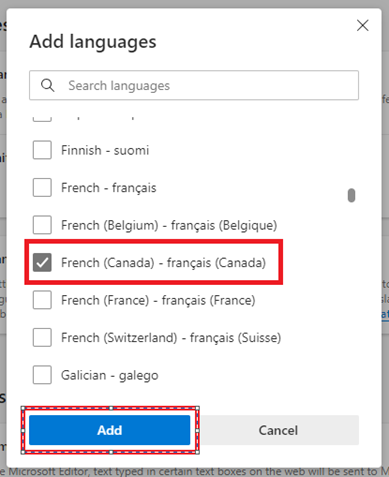 Selected French(Canada) and click add